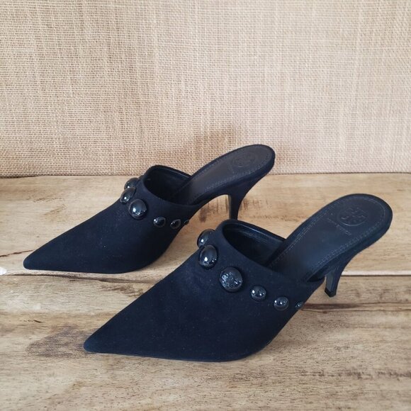 NWT Tory Burch Black Suede Georgina Stud Kitten Heel Mule Sandal Size 8.5 - Picture 10 of 14